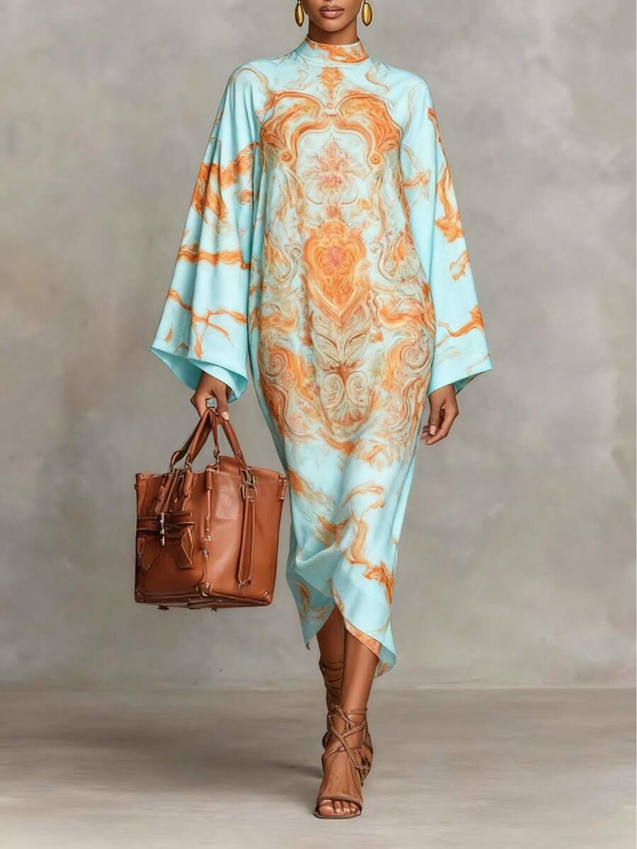 Đầm dài Kaftan thanh lịch dành cho nữ, kiểu Bohemian cổ đứng với vạt bất đối xứng, thích hợp cho mùa xuân. - Nhiều màu - Xem 1