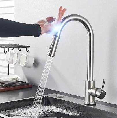 Touch Sensor Kitchen Sink Faucet Pull Out Sprayer Swivel Spout Single Handle Single Hole Mixer Tap