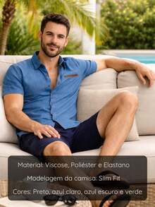 Men's Slim Fit Short Sleeve Denim Shirt, Cotton, Buttons, Premium Fit, Regular Fit - 淺藍色 - 查看 7