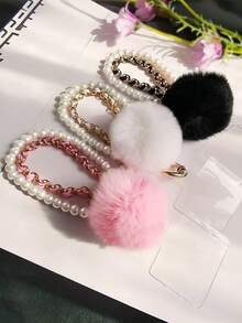 三件套：长款珍珠链 + PU 皮革手机挂绳 | 镀金铝合金肩带 | 人造毛球珍珠吊坠腕带 - 彩色 - 查看 5