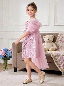 Young Girl Pink Sequin Mesh Cape Elegant Princess Dress, Suitable For Girls' Birthday Party, Banquet, Prom, Wedding Flower Girl Dress, Holiday Celebration - Pink - View 4