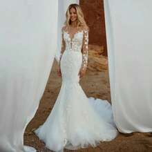 Elegant Sexy Long Sleeves Lace Appliqué Mermaid Satin Formal Wedding Dress,Registry Office Dresses Bridal Gown,Evening Party Dress Birthday Party Dress Country Wedding,Romantic Church Ceremony Wedding Dress,Suitable For Wedding,Dating,Party,Singles' Party,Vacation,Formal Occasions,Dinner Dress,Prom Dress,Homecoming Dess,Cocktail Party,Wedding Guest Dress,Graduation - 白色 - 查看 6
