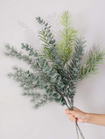 3件/套人造五枝桉树、棕榈树和雪松混合，配5片人造蕨类叶子，人造灌木植物，绿色带白色饰面，PE材质，批发，人造花，人造植物，适用于户外聚会、节日、生日、婚礼、派对和装饰，以及庭院、入口、餐厅、客厅、卧室、花园和家居装饰。