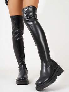 Riding Thigh High Shoes Over The Knee High Boots For Women Sexy Half Zipper Round Toe Low Chunky Heel Faux Leather Stretch Platform - 黑色 - 查看 5