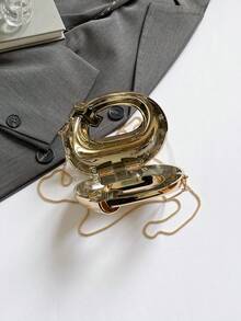 Fashionable Metal-Tone Circular Evening Bag, Versatile Round Crescent Party Handbag For Women, Shoulder Bag, Crossbody Bag, Clutch - Gold - View 5