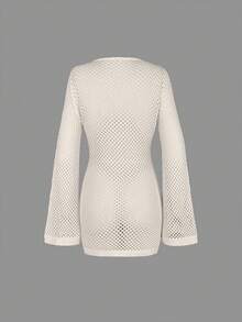 Women's Solid Color Sexy Hollow Out Transparent Metal Ringed Design Long Sleeve Beach Cover Up Crop Top Mini Dress, Spring/Summer Vacation - Milky White - View 9