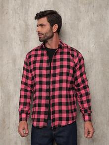 Men's Flannel Plaid Shirt, Long Sleeve Blouse - 粉色 - 查看 1