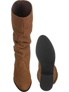 GiGiL Women's Mid-Calf Boot With Wrinkled, Gathered, Pleated Suede Detail, Low Heel, Round Toe - Camel - View 5