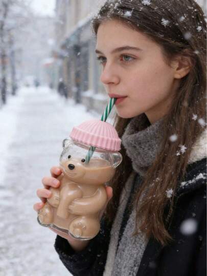 1pc Cute Bear Glass Cup, Adorable Bear Coffee Mug With Lid And Straw, Elegant Creative Design, Suitable For Daily Home Use, Restaurants, Cafes, Offices, Bedrooms, Living Rooms, Great Gift