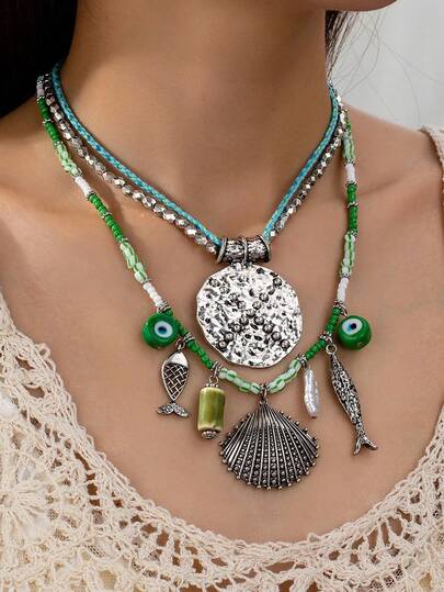 1 Set Handmade Retro Vintage Glass Beads Necklace, Sardine Fish Shell Evil Eye Multi Charms Layered Necklaces Set, Vintage Jewelry For Women (Colors And Shapes Have Random Variations)