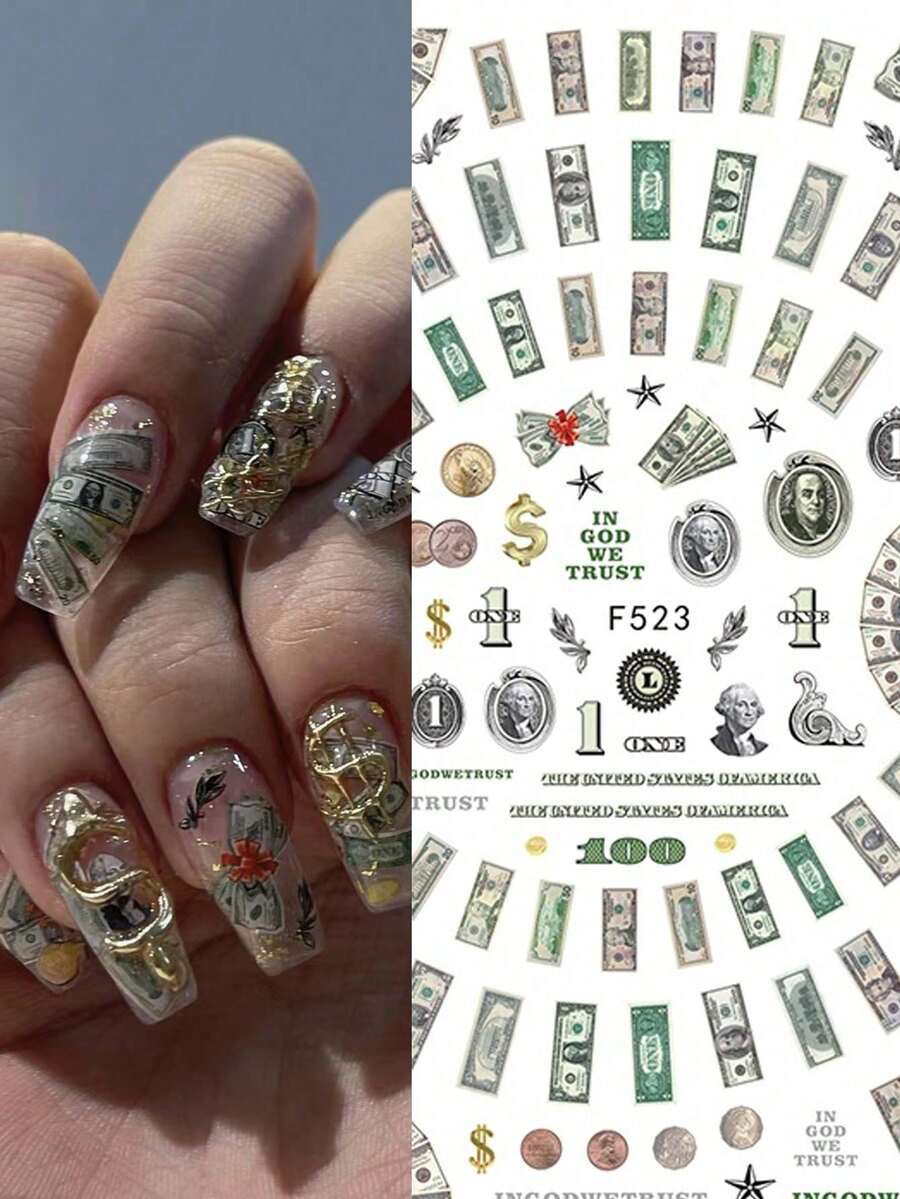 1PC 3D Money Dollar Sign Design Nail Art Sticker Decals Self Adhesive Manicure Tips Wraps Decoration Sliders For Acrylic Nails Nail Stickers DIY Nail Supplies - 彩色 - 查看 1