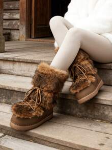 Faux Fur Boots For Women Winter Snow Boots Platform Lace Up Round Toe Boots Warm Snow Shoes Fluffy Winter Boots - 棕色3 - 查看 2