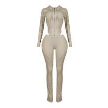 Casual Sports Style Street Vacation Daily Versatile Women's Fashion Solid Color Thread Hooded Sweatshirt Pants Set Two-Piece Set - 米白色 - 查看 5