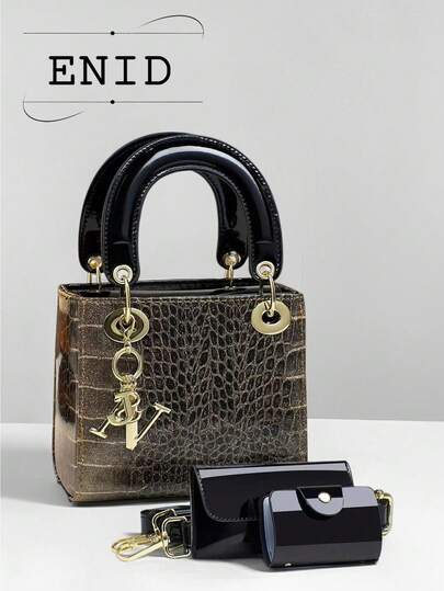 鳄鱼纹压花高品质迷你方形手提包/单肩包套装，亮面质感，休闲百搭斜挎包