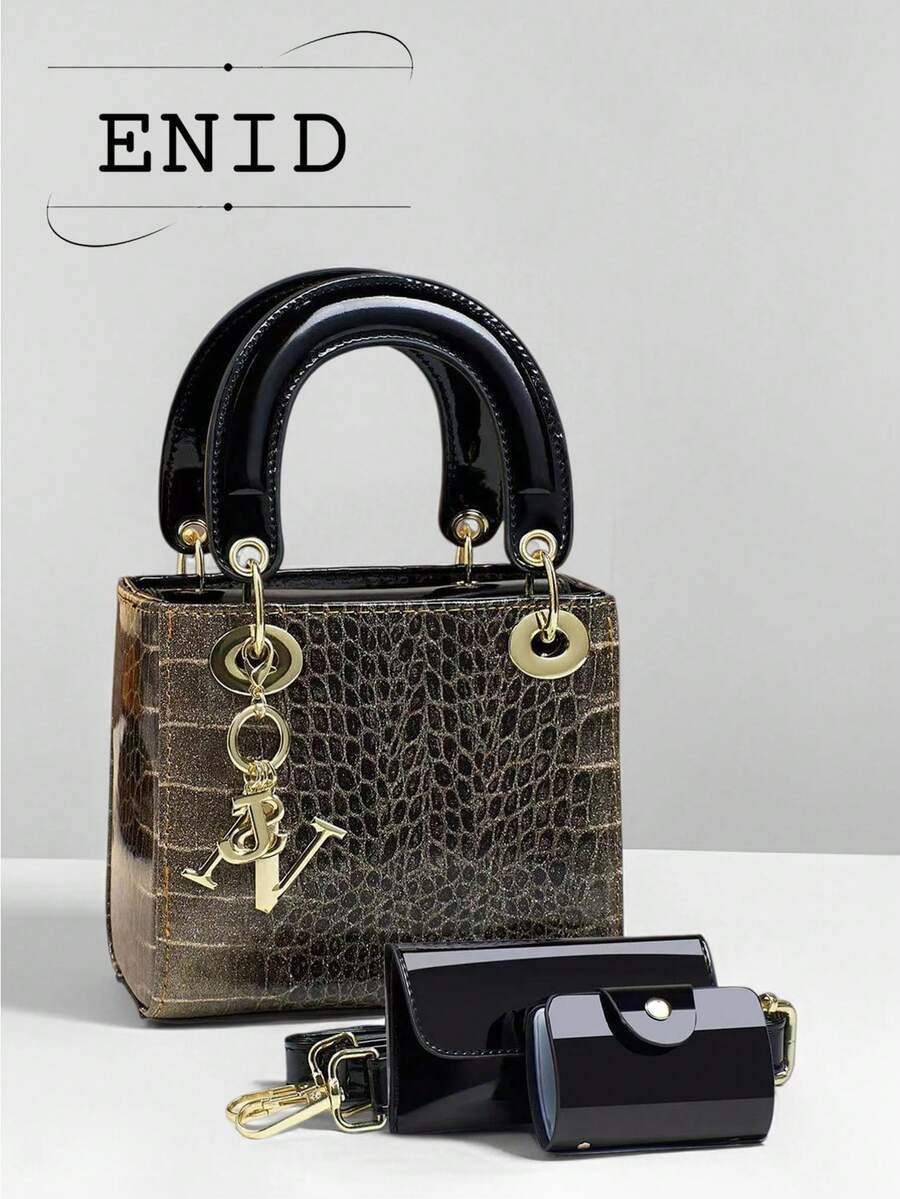 Crocodile Embossed High-Quality Mini Square Handbag, Shoulder Bag Set, Glossy Finish, Casual Versatile Crossbody Bag - Rose Gold - View 1