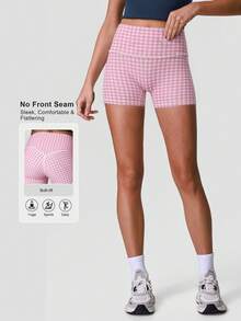 Sodalemon Women's Plaid High Waist Yoga Shorts Leggings - Pink - View 2