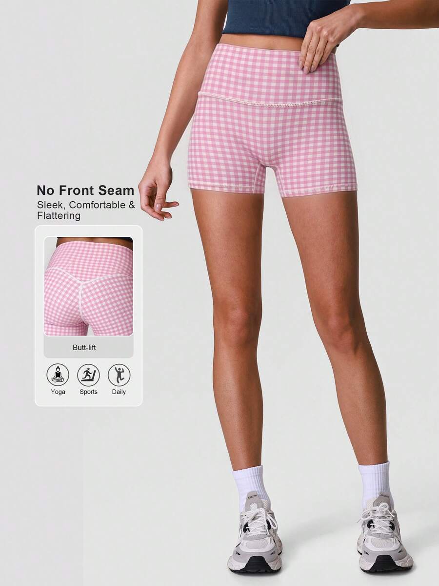 Sodalemon 女士格子高腰瑜伽短裤打底裤 - 粉色 - 查看 1