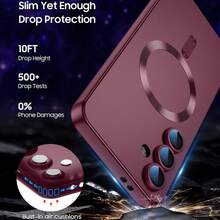 磁吸式 Galaxy A57 A37 A56 A36 A27 A26 A16 A17 A06 A07 S25 FE S26 相容手機殼【內建相機鏡頭保護蓋】超薄柔軟矽膠防震防摔金屬光澤軟殼，適用 S26 Ultra S25 Ultra S24 Ultra - 酒紅色 - 查看 4