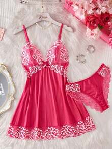 2pcs Contrast Floral Lace Sleepwear Set, V-Neck Semi-Sheer Bow Tie Nightgown And Panties, Elegant Women Pajamas - 玫紅色 - 查看 7