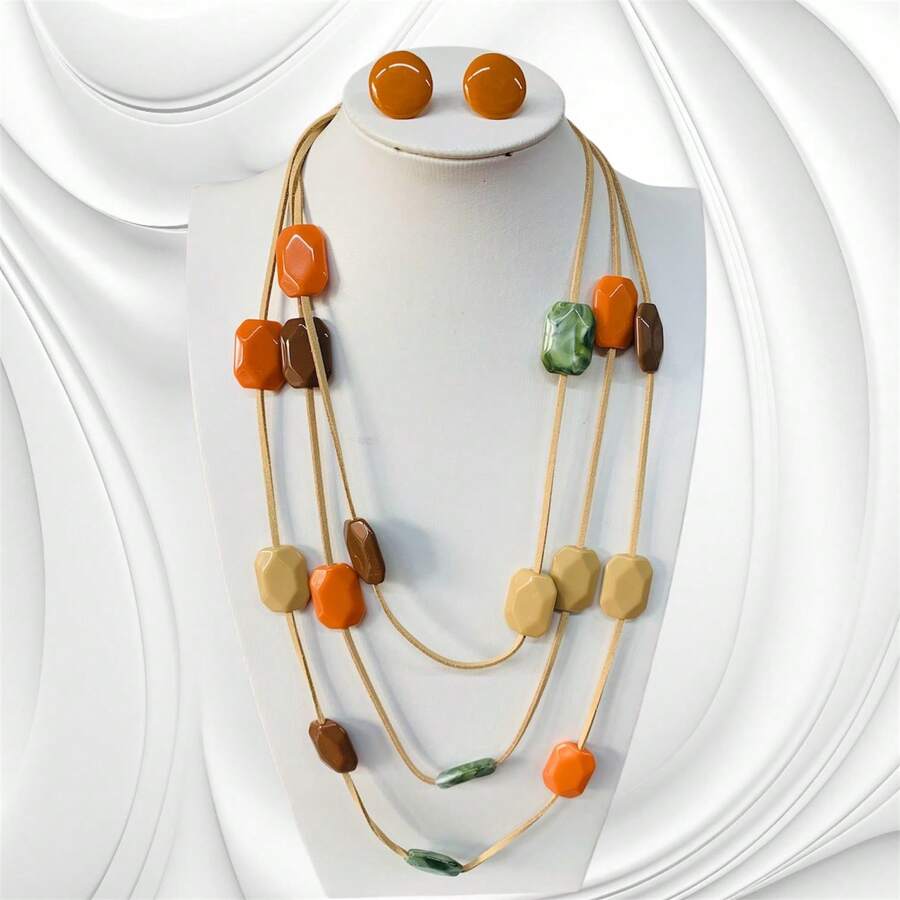 Double Resin Necklace And Earring Set. - MULTICOLOR 2 - Ver 1