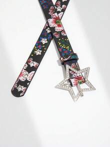 1条女士Y2K星形系列星形水钻雕刻金属扣黑色花卉印花腰带，适合日常佩戴 - 黑色花朵印花 - 查看 4