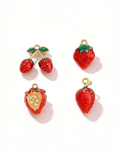 2pcs Stainless Stainless Steel Enamel Strawberry Pendant Findings 18K Gold Plated Fruit Charms For DIY Jewelry Making Supplies Accessories