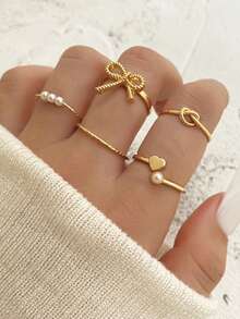 5件套清新甜美设计百搭温柔珍珠蝴蝶结开口戒指和心形戒指 - 彩色 - 查看 2