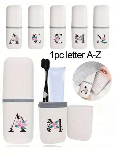 1pc Rose Gold Alphabet A-Z Portable Toothbrush Holder, Keeps Toothbrush Clean And Convenient To Carry! Suitable For Travel, Camping, Business Trips And School, Multi-Functional Toothbrush Cup, Travel Wash Cup, Toothbrush And Toiletry Storage Set, Minimalist Wash Storage Box, Travel Essential, Bathroom Accessory, Home Goods And Storage (White)