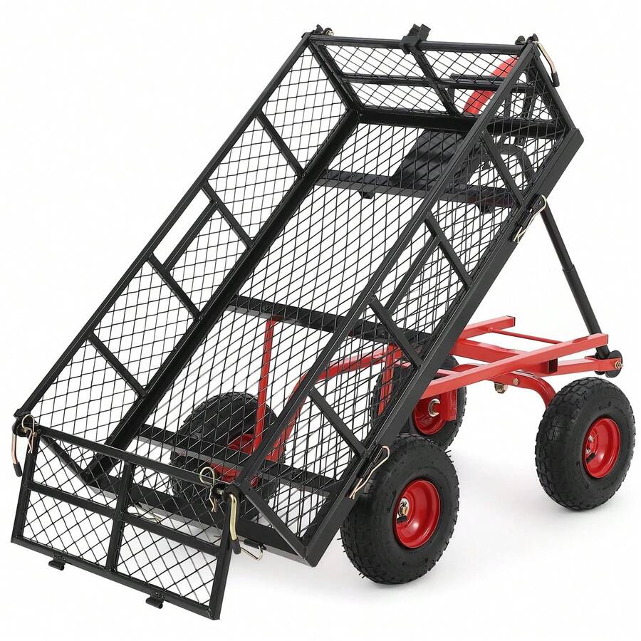 Carrito de jardín metálico resistente - Capacidad de 400 kg (880 lb) con volquete de acero, llantas de 25 cm (10 pulgadas), malla extraíble en los 4 lados y asa giratoria de 180° | Carrito multiusos para jardinería, paisajismo y patio - C - Ver 1