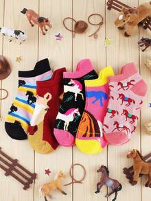 5双儿童船袜，小马图案，柔软轻便低帮，春夏短袜，船袜 - 彩色 - 查看 2