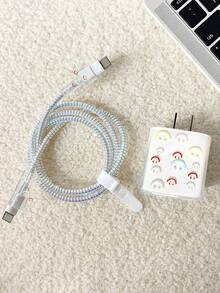 Ensemble de 5 en 1 de protecteurs de câble et de chargeur avec visage souriant et câble de 1,5 m pour charge rapide 20W - Multicolore - Voir 4