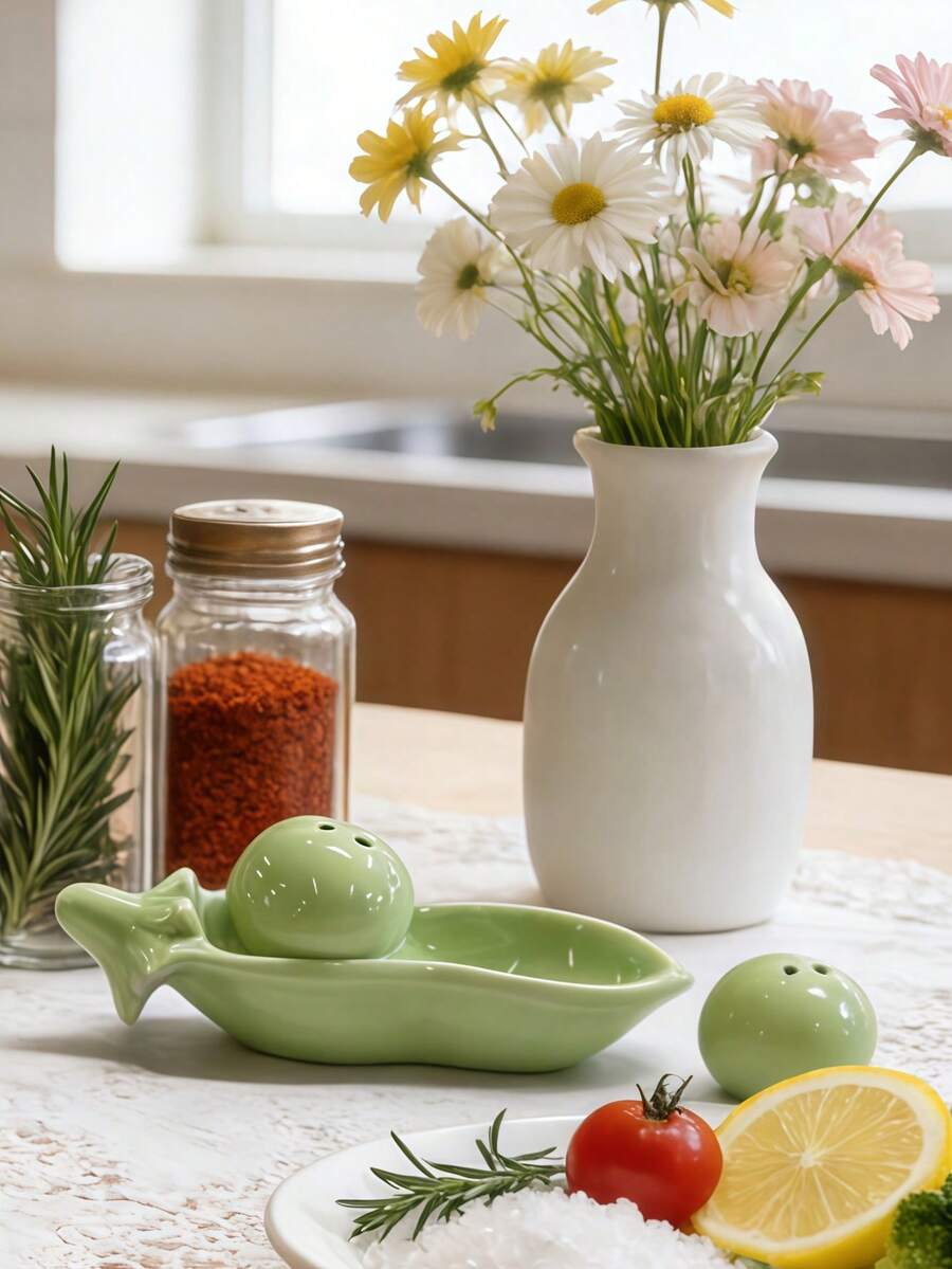 2 piezas Juego de salero y pimentero de cerámica, acabado de esmalte texturizado, empaque de caja de regalo, adecuado para regalos de cocina - verde menta - Ver 1