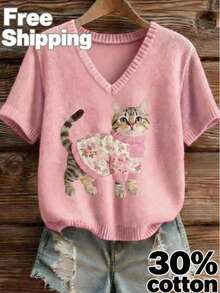 (Free Shipping) Women's Valentine's Day & Mother's Day Gift Pink V-Neck Cotton Knit Top Cute Cat Print Short Sleeve T-Shirt - 粉色 - 查看 1