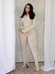 Casual Sports Style Street Vacation Daily Versatile Women's Fashion Solid Color Thread Hooded Sweatshirt Pants Set Two-Piece Set - 米白色 - 查看 2