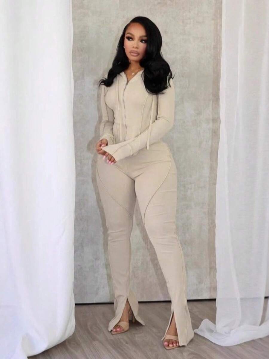 Casual Sports Style Street Vacation Daily Versatile Women's Fashion Solid Color Thread Hooded Sweatshirt Pants Set Two-Piece Set - 米白色 - 查看 1