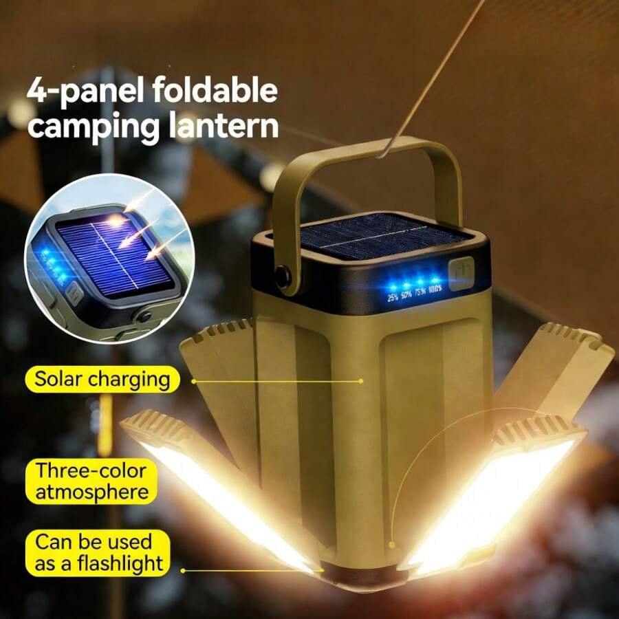 Rechargeable Solar Camping Lantern, Rechargeable Flashlight, 6 Lighting Modes, Portable Hanging Tent Light, Foldable Clover LED Floodlight. Suitable For Camping, Hiking, Travel, Fishing, Emergency, Also As A Gift.
