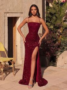 ADYCE Vestido de fiesta con tirantes de espagueti, espalda descubierta y abertura alta con lentejuelas cruzadas, adecuado para fiestas, eventos, invitados de boda, Año Nuevo - Burdeos - Ver 5