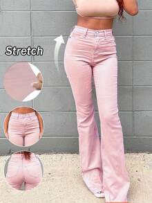 NVFelix 2026 New High-Waisted Flare Leg Jeans For Women, Lightweight Fabric With Slight Stretch, Pockets Design, Suitable For Casual, Vacation Wear In Spring/Summer, Color: Pink - Pink - View 3