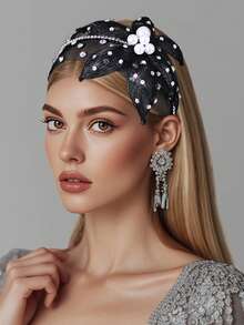 1pc Luxurious Black Mesh Flower Headband, Fashion Bridal Wedding Headdress, Suitable For Banquet, Party, Festival Occasions - Black - View 2