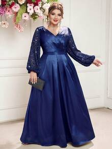 Vestido de fiesta maxi de satén con bloque de color, manga farol, cuello en V, volantes y encaje floral con lentejuelas, talla grande, adecuado para invitados de boda, baile elegante, cumpleaños, graduación, gala, regreso a casa en primavera - Azul Marino - Ver 5