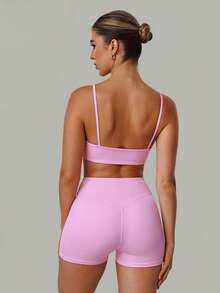 2 PCS CO Ord Set Women's Classic Spaghetti Strap Backless Sports Bra And High Waist Deep V Butt Lift Line Running Fitness Cycling Short Pink - 粉色 - 查看 7