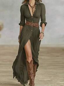 Chic Commuting Solid Color Small Lapel Long-Sleeved Dress Mid-Waist Straight Skirt Sexy Hot Girl Style - xanh quân đội - Xem 1