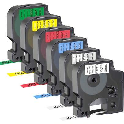 6卷12毫米标签带，兼容Dymo D1标签带补充装45013、45010、45016、45017、45018、45019，适用于Dymo LabelManager 160、280 PnP、360D、210D、420P，1/2英寸 x 23英尺