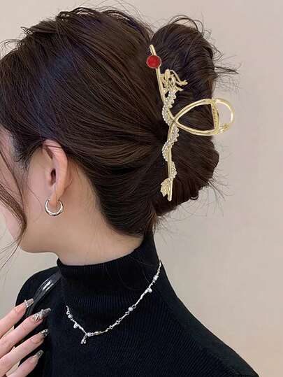 1个复古水钻龙形发夹，防滑金属爪，适合厚薄发质，坚固耐用，亚洲风格配饰，打造优雅盘发造型