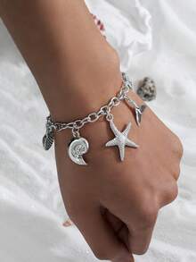 1pc Bohemian Style Metal Starfish & Shell Pendant Bracelet, Women's Daily/Beach Wear Accessory - Multicolor - View 6