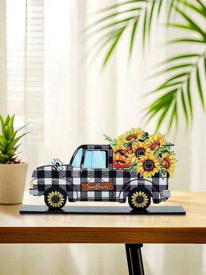 1 pieza, Decoración de mesa de madera con camión y girasol, Adorno de escritorio de bienvenida a la primavera, Centros de mesa de madera, Regalos, Decoración de mesa para el hogar, dormitorio, oficina en primavera