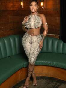 2026 Autumn New Fashion Digital Printing Sexy Spice Girl Lace-Up Tube Top Button Pants Set - g - 查看 1