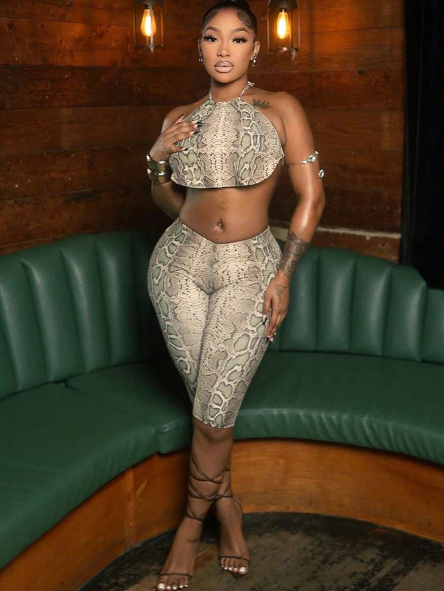 2026 Autumn New Fashion Digital Printing Sexy Spice Girl Lace-Up Tube Top Button Pants Set - g - 查看 1