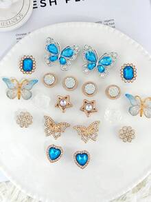 20pcs Blue & Gold Butterfly, Heart Shaped Shoe Charms, Rhinestone + Pearl Material, Luxury Sweet & Cool Style, Suitable For Hollow Out Clogs - Blue and Gold Butterfly Set - View 5