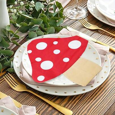 20张蘑菇造型纸巾，集可爱设计、实用功能和多功能用途于一体，旨在为您的餐桌、派对和特殊聚会增添森林魅力。这款多功能蘑菇纸巾可用作餐桌装饰、派对装饰品、摄影道具，也是森林主题早午餐的实用搭配。